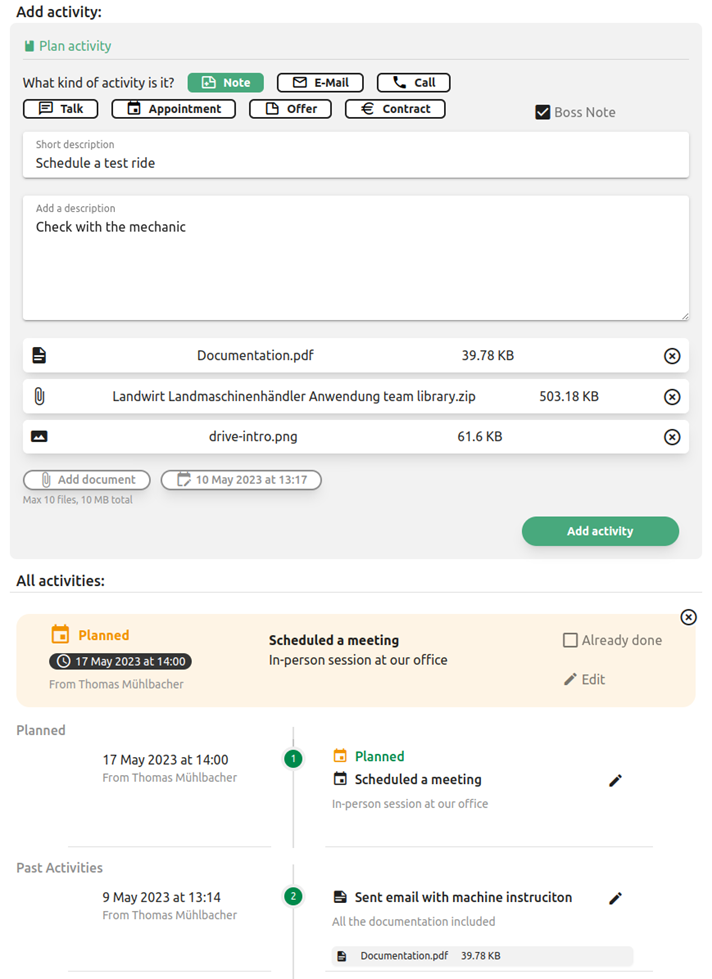 Adding a new activity with documents and the activities timeline