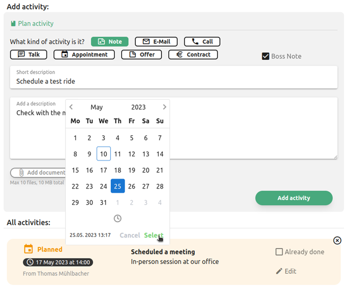 Scheduling a planned activity with the date picker