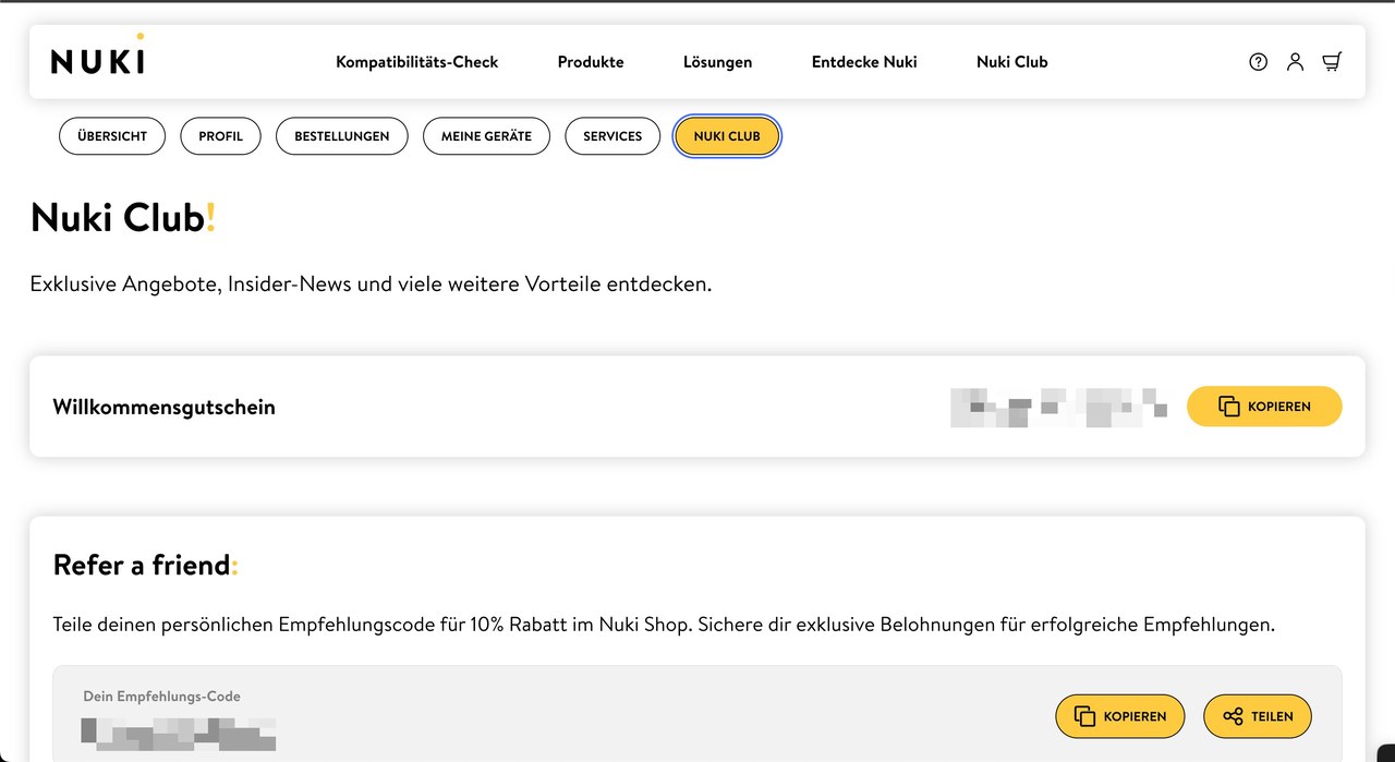 Nuki Club — welcome voucher and referral code area in the customer account
