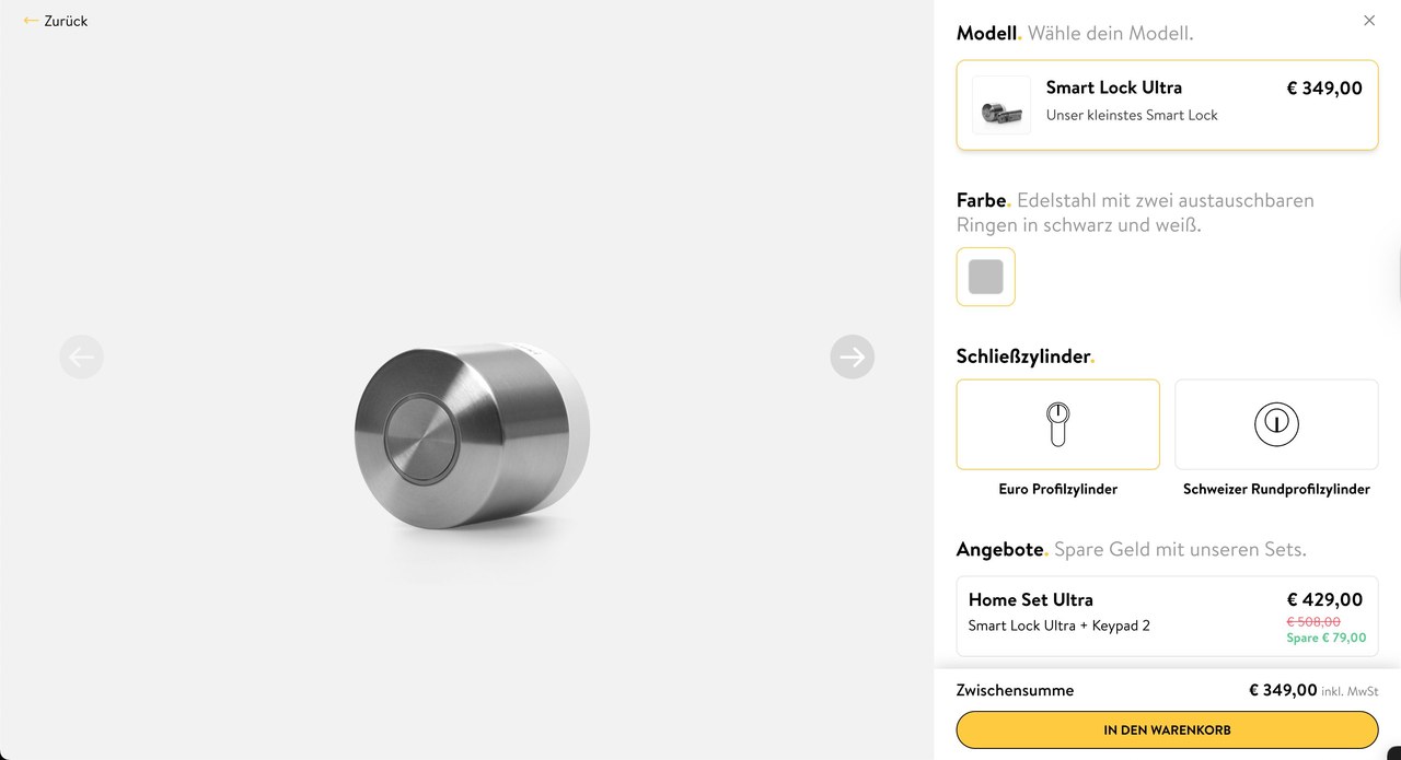 Nuki product configurator — model, colour, cylinder and bundle offers