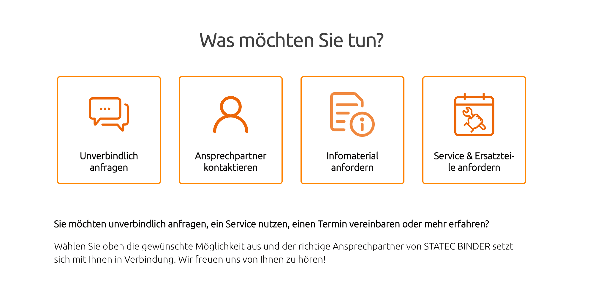 The four-tile 'Was möchten Sie tun?' contact intent picker — Unverbindlich anfragen, Ansprechpartner kontaktieren, Infomaterial anfordern, Service & Ersatzteile anfordern