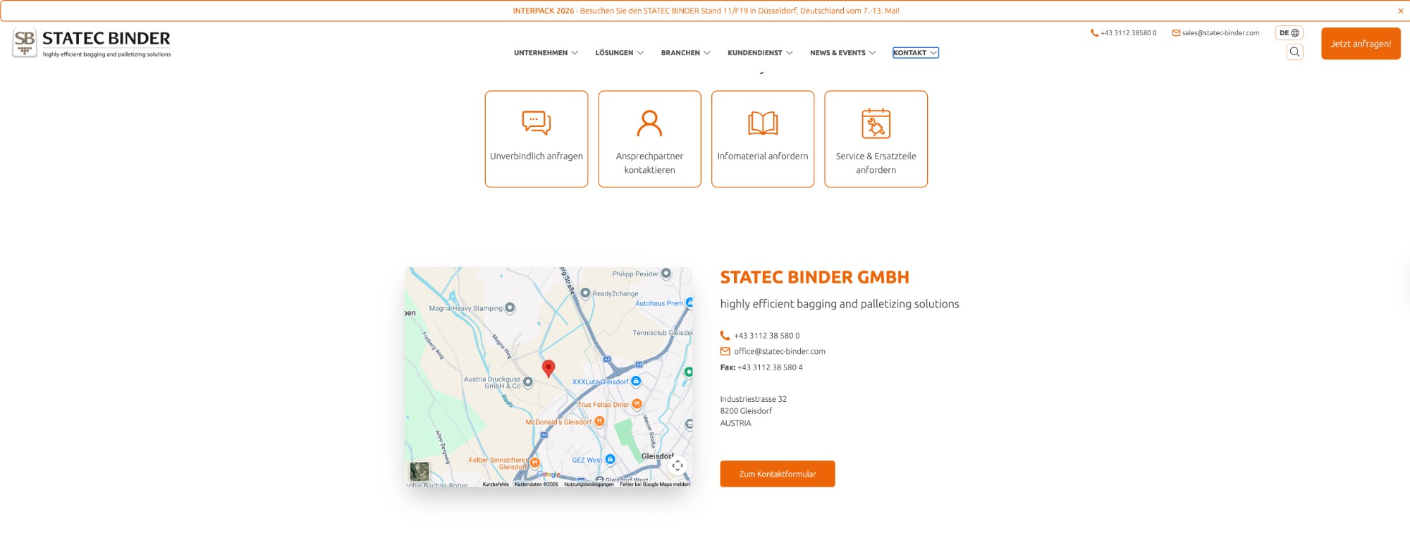 STATEC BINDER contact page — intent tiles above the company address card with embedded Gleisdorf map